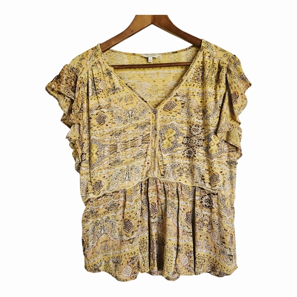 Lucky Brand Tops - Lucky Brand Boho Yellow Flutter Sleeve Top Size Large